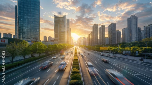 Cityscape with Busy Highway at Sunset
