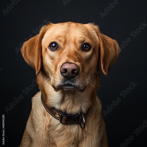 a dog with a dog collar looking at the camera