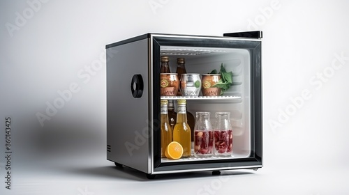 Mini Fridge with Colorful Beverages and Fruits