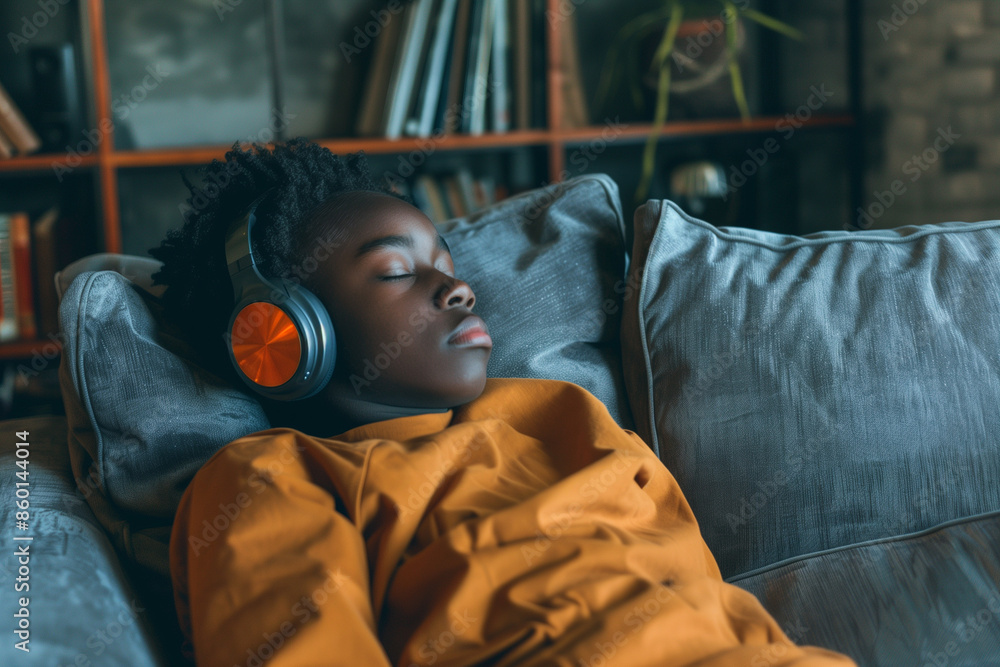 Serene young boy naps on a sofa, wearing headphones and enjoying some music Serene young boy naps on a sofa, wearing headphones and enjoying some music