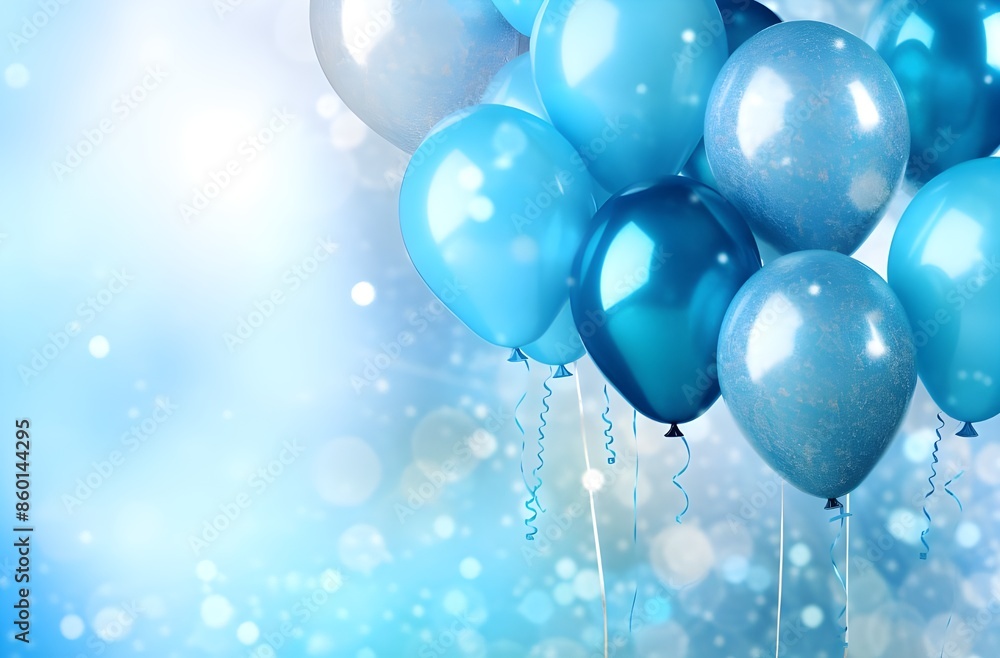 Bunch of blue and silver balloons on blue bokeh background