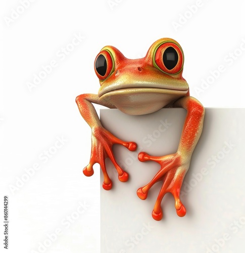 A green frog with red eyes on white wall, surrounded by nature © Alexei