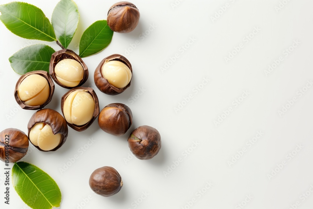 Obraz premium top view Macadamia nuts with green leaves isolated on white background