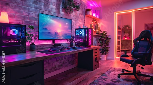 A realistic photo of an RGB gaming paradise with a powerful gaming PC, custom keycaps on a mechanical keyboard, and a gaming mouse with vibrant RGB lighting. photo
