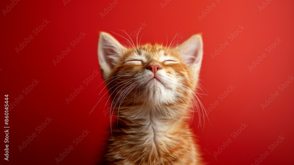 Fototapeta premium Cute Cat. Close-up. Isolated against a vibrant red background. Kitty. Feline. Pet.