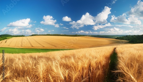 beautiful landscape with field of wheat and blue summer sky