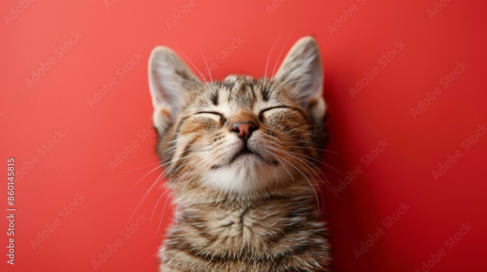 Fototapeta premium Cute Cat. Close-up. Isolated against a vibrant red background. Kitty. Feline. Pet.