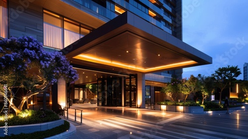 The elegant luxury hotel exterior is beautifully captured at dusk, showcasing highlighted architectural lighting AIG59 © Summit Art Creations