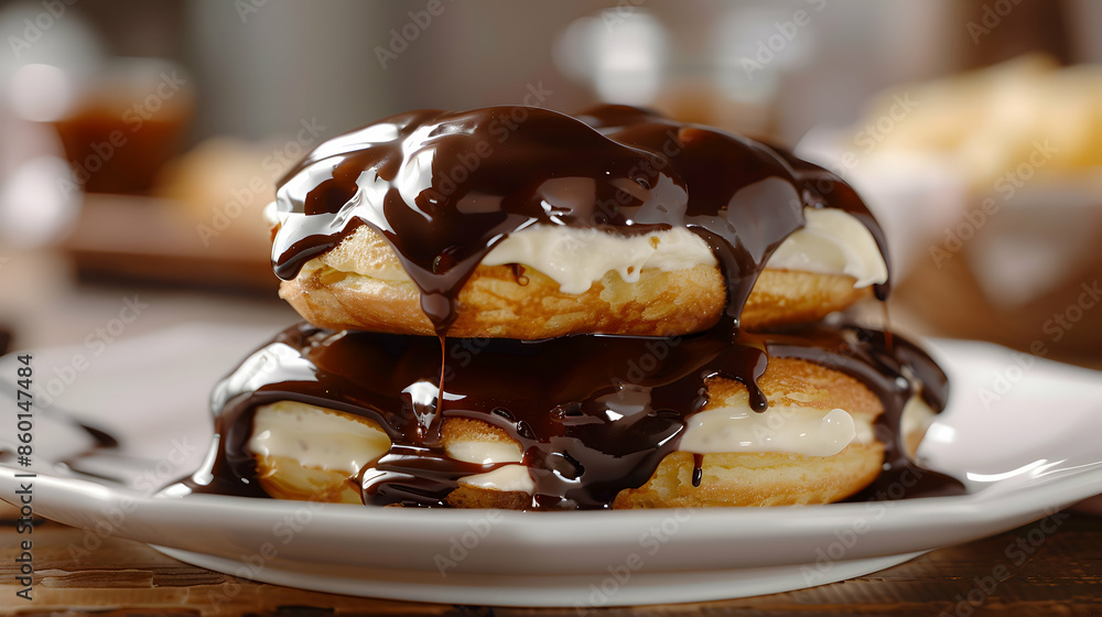 A plate of rich fast food ?(C)clairs filled with creamy custard and topped with chocolate glaze A plate of rich fast food ?(C)clairs filled with creamy custard and topped with chocolate glaze
