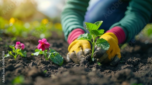 Close-up of female hands in gloves planting colorful flowers into the soil in home garden. Gardener decorates a flower bed on a warm spring day. Spring and gardening concept.