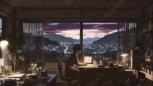 A cozy lofi student study room with a wooden desk and chair near a large window showing a serene night view.