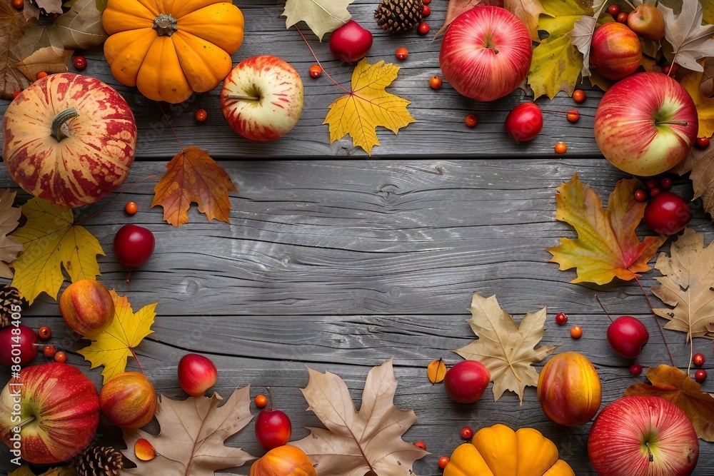 Autumn background with yellow maple leaves, red apples and pumpkins ...