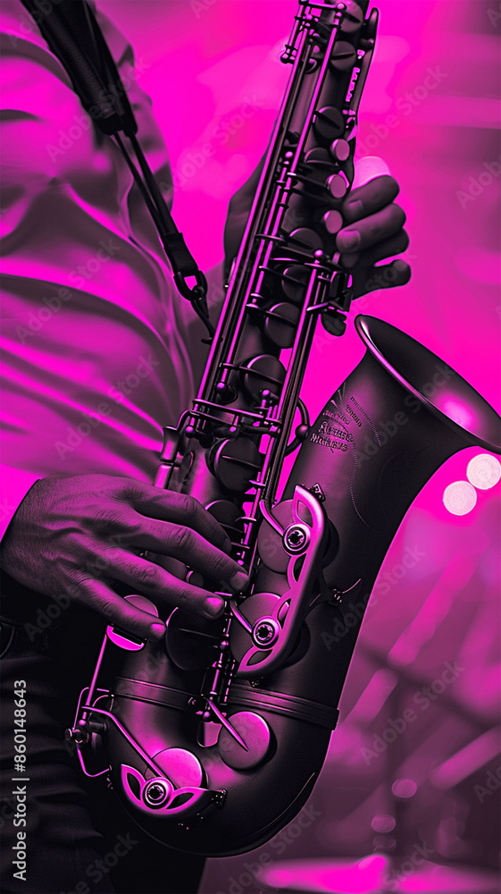 Fototapeta premium Saxophone player Saxophonist playing jazz music instrument Jazz musician playing sax alto close up purple colors