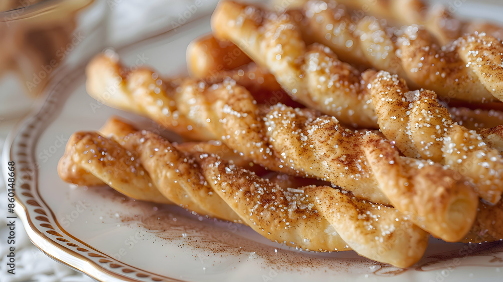 A plate of sweet fast food cinnamon twists dusted with cinnamon sugar A plate of sweet fast food cinnamon twists dusted with cinnamon sugar