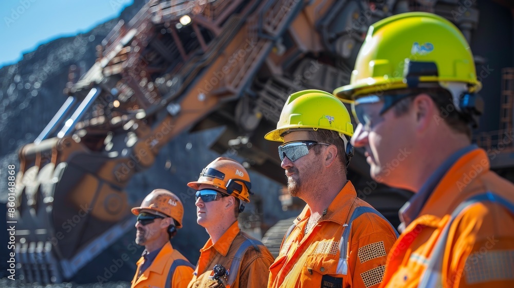 Team of industrial workers in safety gear discussing at mining site