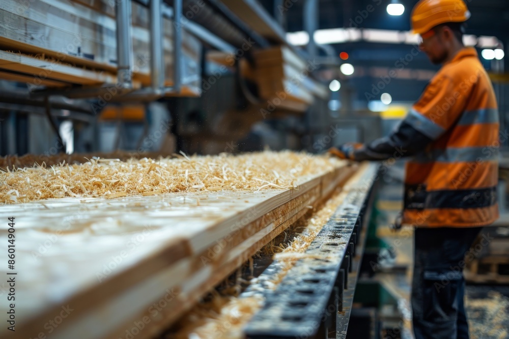 Skilled worker finishing wood in an industrial woodworking factory Skilled worker finishing wood in an industrial woodworking factory