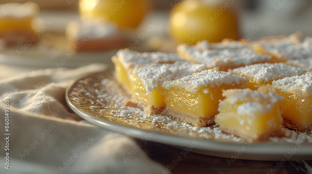A plate of tangy fast food lemon bars with a buttery crust and powdered sugar topping A plate of tangy fast food lemon bars with a buttery crust and powdered sugar topping