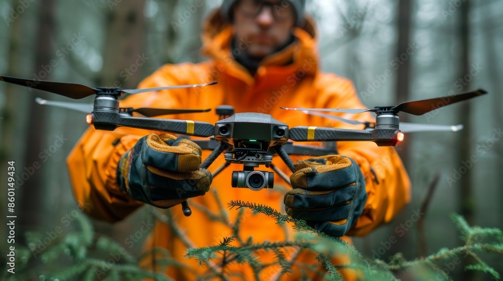 Close-up of a person in orange jacket holding a drone with camera in forest setting Close-up of a person in orange jacket holding a drone with camera in forest setting
