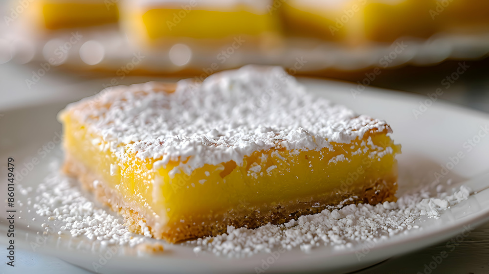 A plate of tangy fast food lemon bars with a buttery crust and powdered sugar topping A plate of tangy fast food lemon bars with a buttery crust and powdered sugar topping