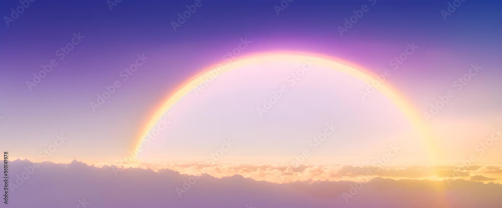A golden sunrise bathes fluffy, white clouds in a warm glow. Soft, pastel rainbows arc across the sky, while twinkling stars peek through the mist A golden sunrise bathes fluffy, white clouds in a warm glow. Soft, pastel rainbows arc across the sky, while twinkling stars peek through the mist