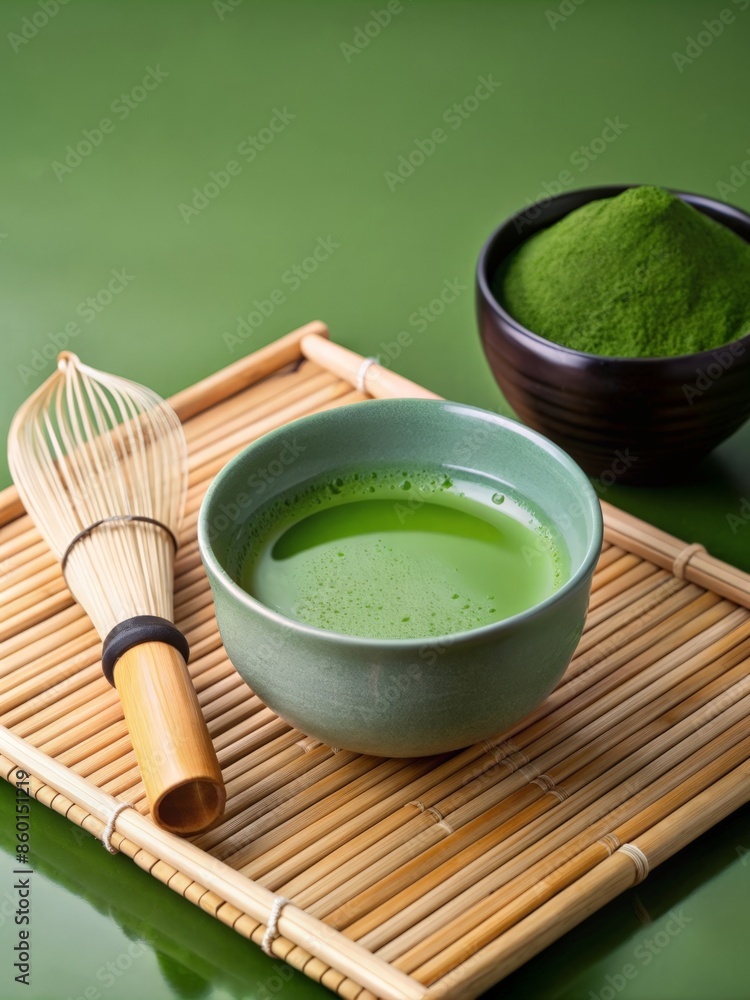 Freshly brewed matcha tea in a traditional bowl, with a bamboo whisk and green tea leaves, on a wooden table with a zen garden background Freshly brewed matcha tea in a traditional bowl, with a bamboo whisk and green tea leaves, on a wooden table with a zen garden background