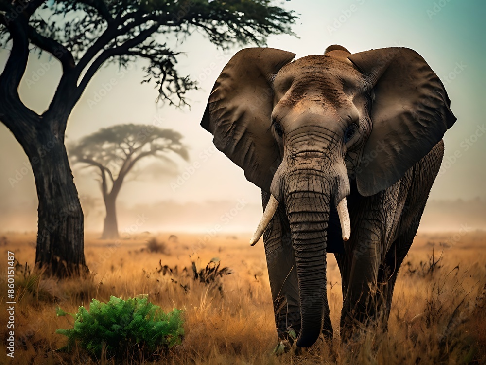 Fototapeta premium An elephant stands in a sunlit grassy field in the tropics of Southeast Asia, Africa in a tropical forest, savannah.