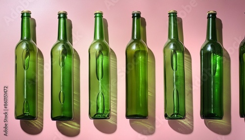 pattern of empty green glass bottles on a pink background arranged in a grid minimalist design with shadows
