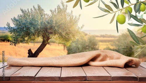 natural wooden table and organic cloth with olive tree plant product placement mockup design background outdoor tropical summer scene with rustic vintage countertop display photo
