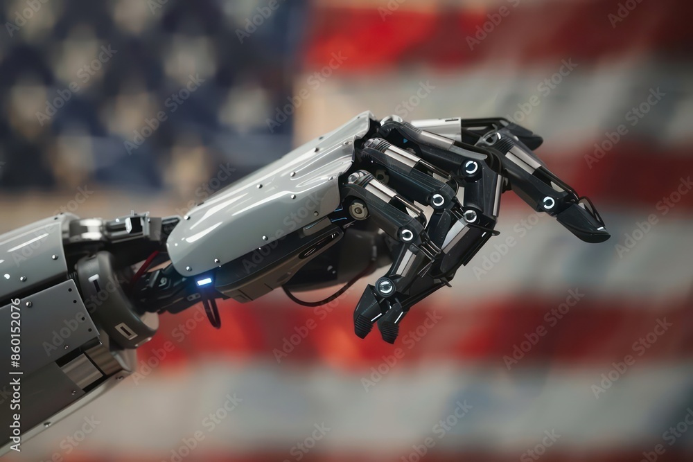 A closeup of a robotic hand holding a futuristic Independence Day flag with space for text A closeup of a robotic hand holding a futuristic Independence Day flag with space for text