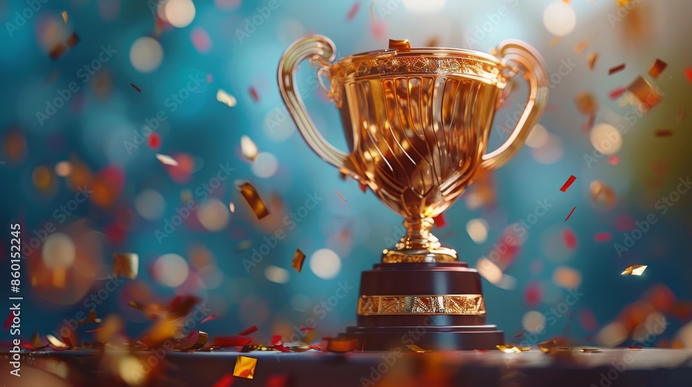 Gold Trophy With Pink Confetti on Blue Background Gold Trophy With Pink Confetti on Blue Background