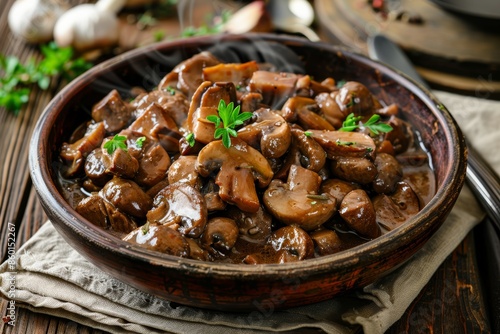 Baked potatoes with mushrooms in bowl on table.