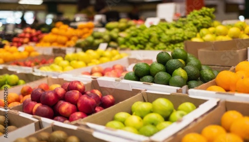 The image shows a grocery store filled with a variety of fruits and vegetables in cardboard boxes, with a blurred background and lights at the top. © Max