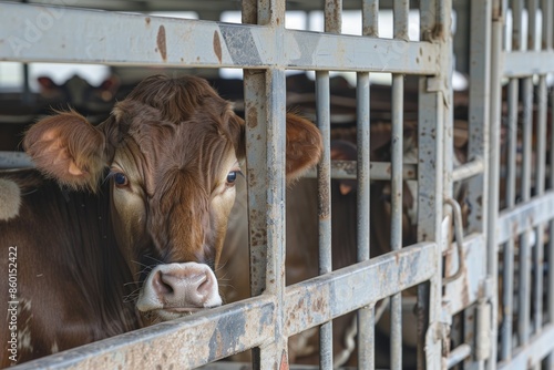 Farming concept: cow in stall looks at camera.