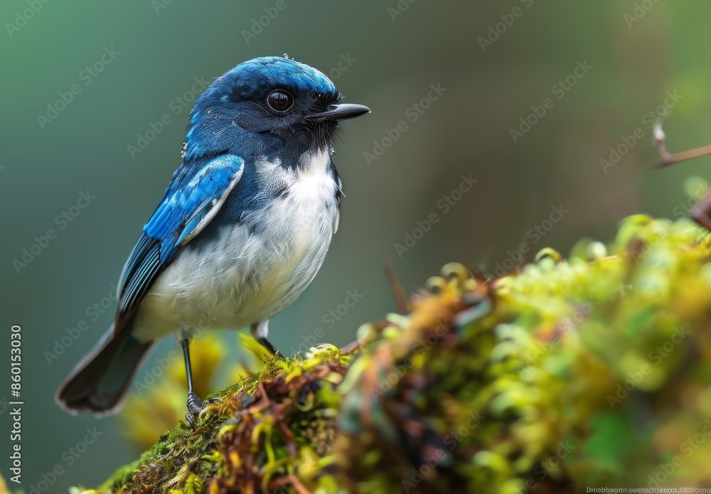 Blue And White Bird Perched On Moss Covered Branch In Lush Green Forest Blue And White Bird Perched On Moss Covered Branch In Lush Green Forest