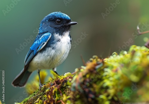 Blue And White Bird Perched On Moss Covered Branch In Lush Green Forest
