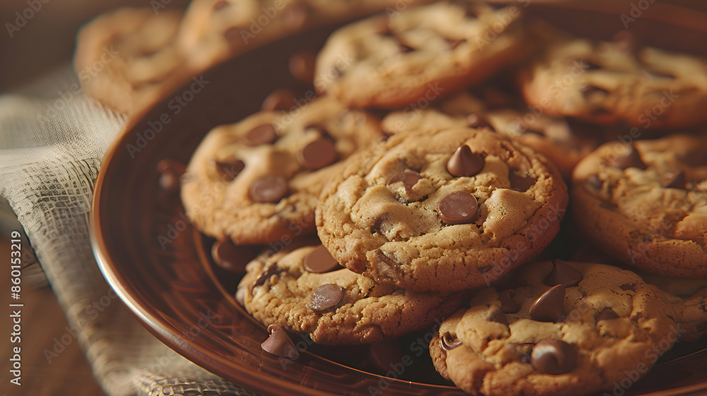 A plate of warm fast food chocolate chip cookies with gooey chocolate chips A plate of warm fast food chocolate chip cookies with gooey chocolate chips