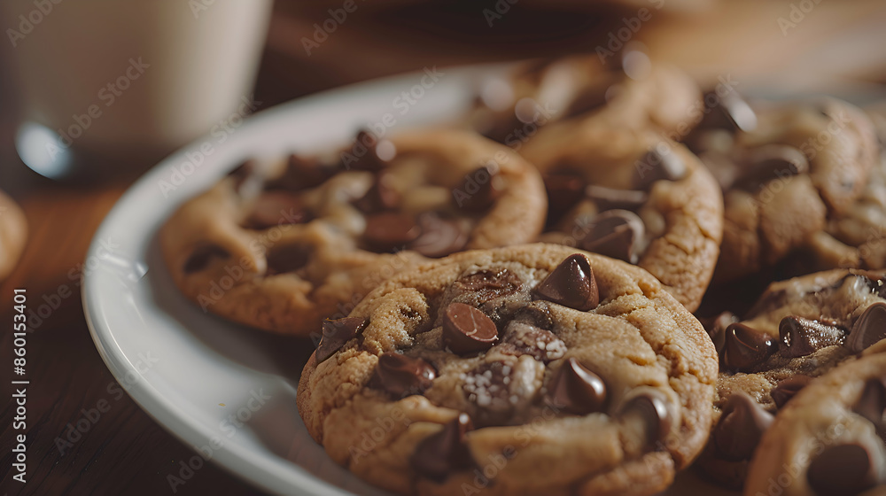 A plate of warm fast food chocolate chip cookies with gooey chocolate chips A plate of warm fast food chocolate chip cookies with gooey chocolate chips