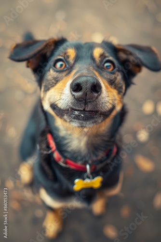 Caramel puppy facing camera in red attire. Animal shelter concept, please help, and give them warm home