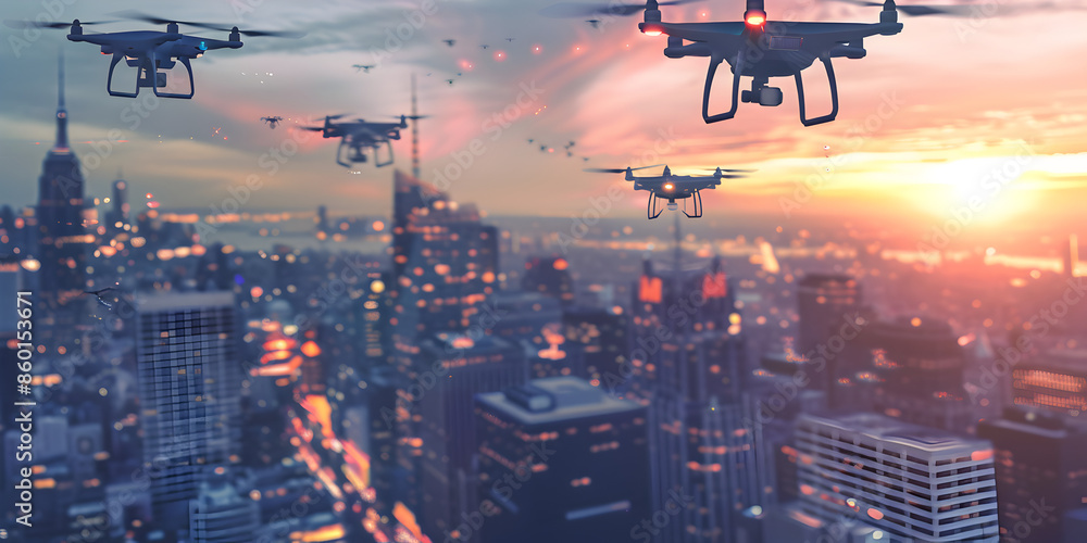 Digital art of a city with flying drones.
Digital art of a city with flying drones.