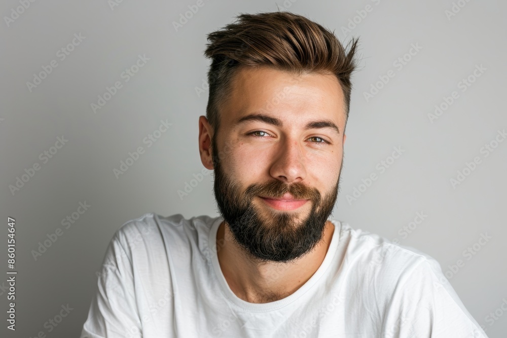 close-up of a charming young man grinning. Happy men isolated in a studio photo against a gloomy backdrop. Manly beard and contemporary haircut on a model face close-up of a charming young man grinning. Happy men isolated in a studio photo against a gloomy backdrop. Manly beard and contemporary haircut on a model face