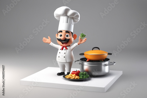 3d character cartoon chef on white paper background full body isloted background
 photo