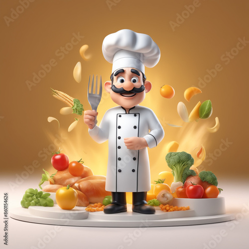 3d character cartoon chef on white paper background full body isloted background
