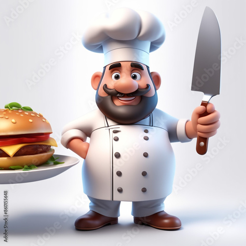 3d character cartoon chef on white paper background full body isloted background
 photo