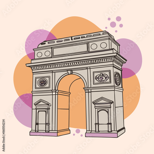 Triumphal arch Paris illustration style of flying blobs