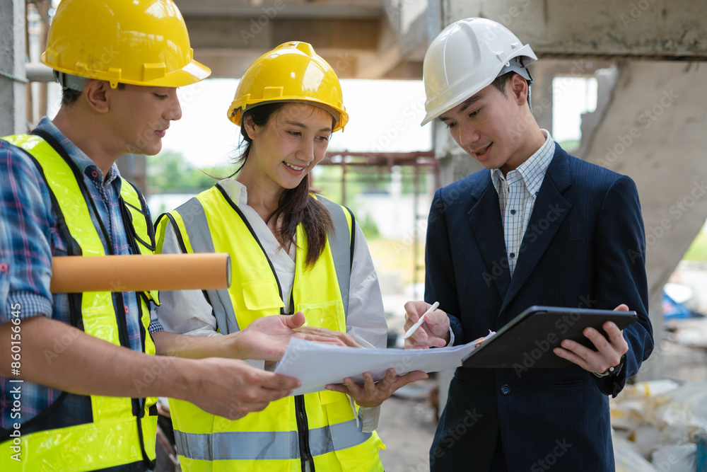engineers or business partners on a construction site, discussing project details. engineers or business partners on a construction site, discussing project details.