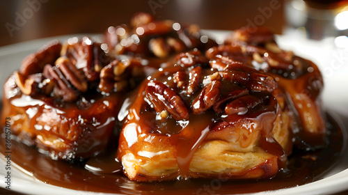 A plate of warm fast food sticky buns with a caramel glaze and pecans