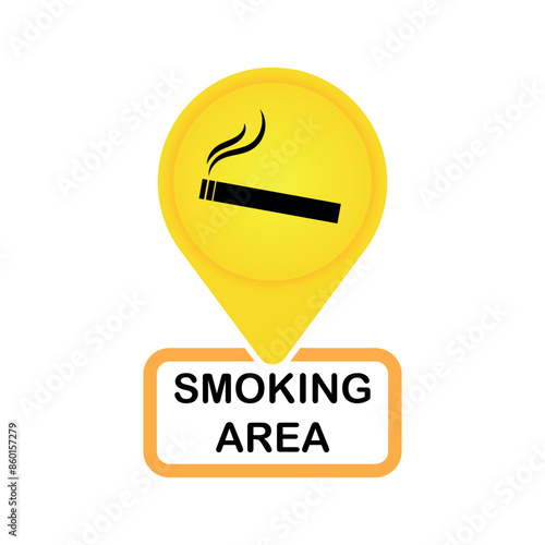 Smoking area sign with gps location pin, black and yellow, smoker logo