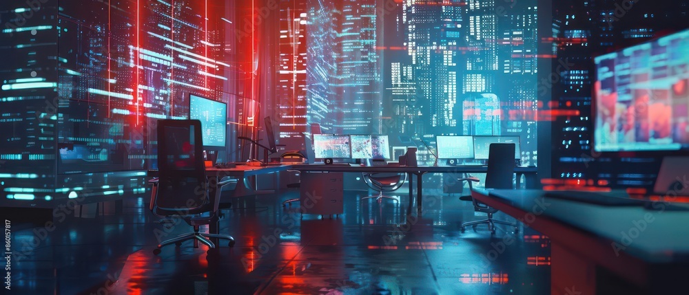 A futuristic office hologram glitching and malfunctioning with space for text A futuristic office hologram glitching and malfunctioning with space for text