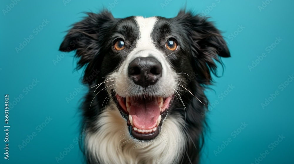 Cute joyful Border Collie. Australian shepherd. Isolated against a vibrant blue background. Pet. Dog. Canine.