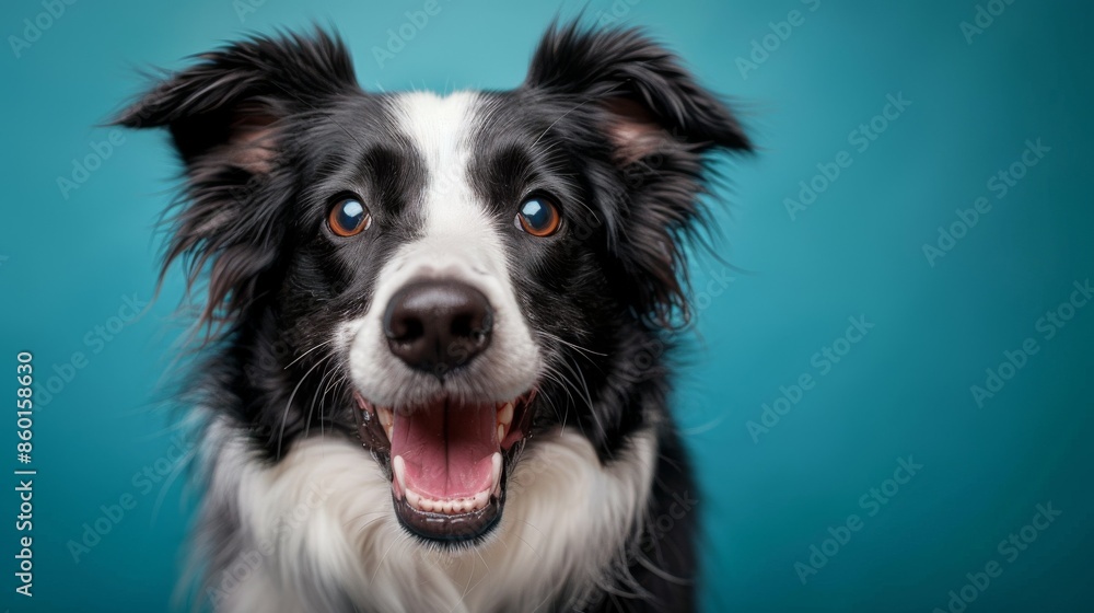 Cute joyful Border Collie. Australian shepherd. Isolated against a vibrant blue background. Pet. Dog. Canine. Cute joyful Border Collie. Australian shepherd. Isolated against a vibrant blue background. Pet. Dog. Canine.